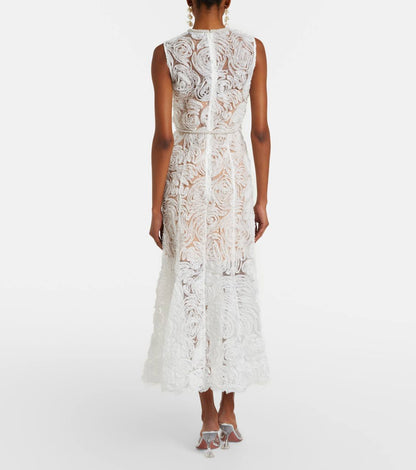SP White Tulle Lace Belted Midi Dress