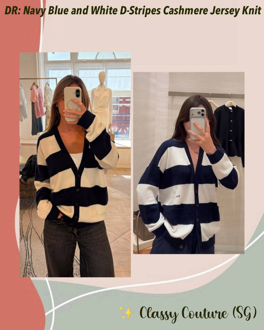 DR Navy Blue and White D-Stripes Cashmere Jersey Knit Cardigan