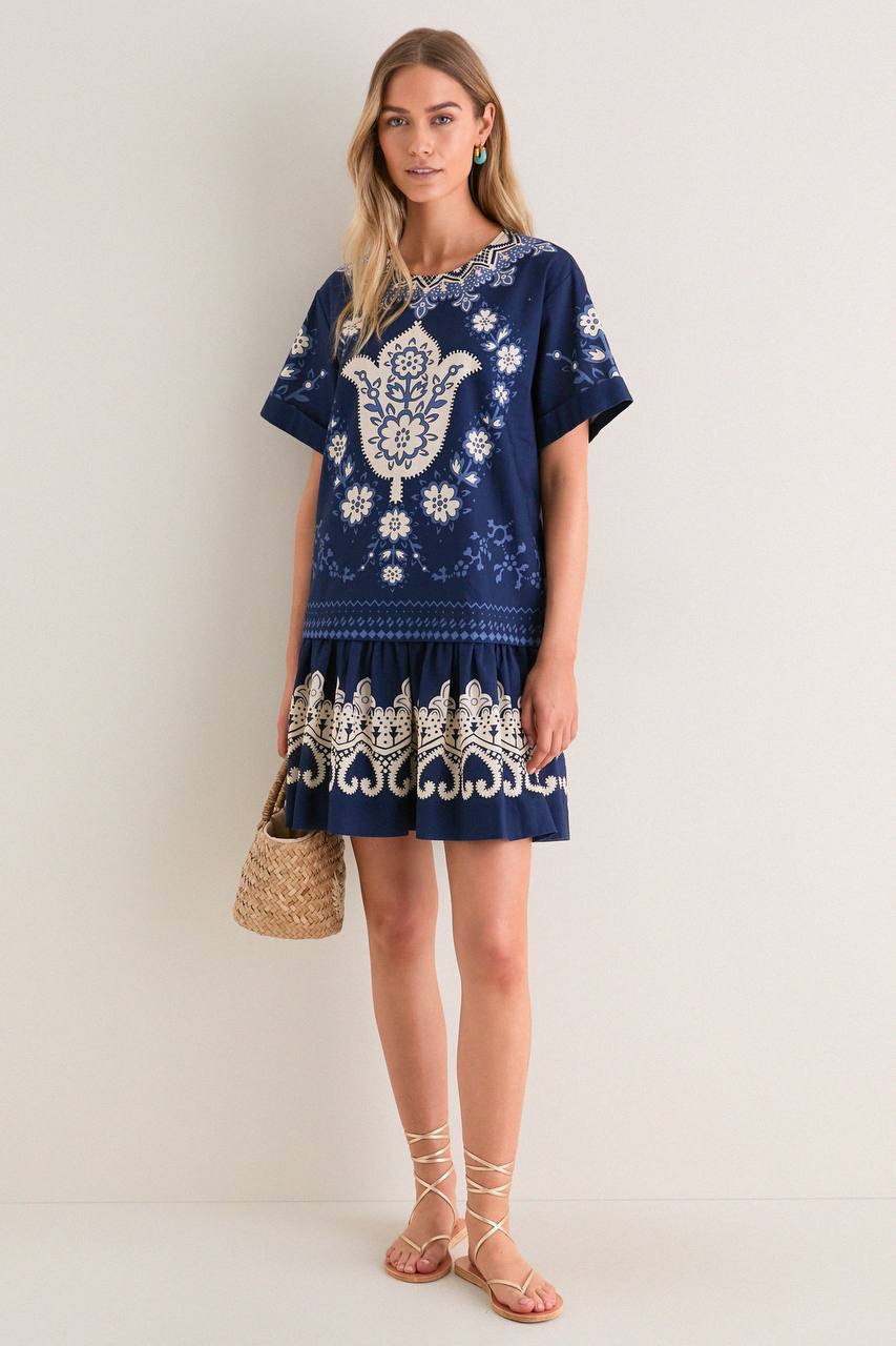SE Navy Emelina Print Short Sleeve Mini Dress