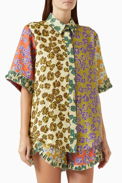 ALM022 Kaleidoscope Floral Spliced Shirt | Short | Hemp Linen Set