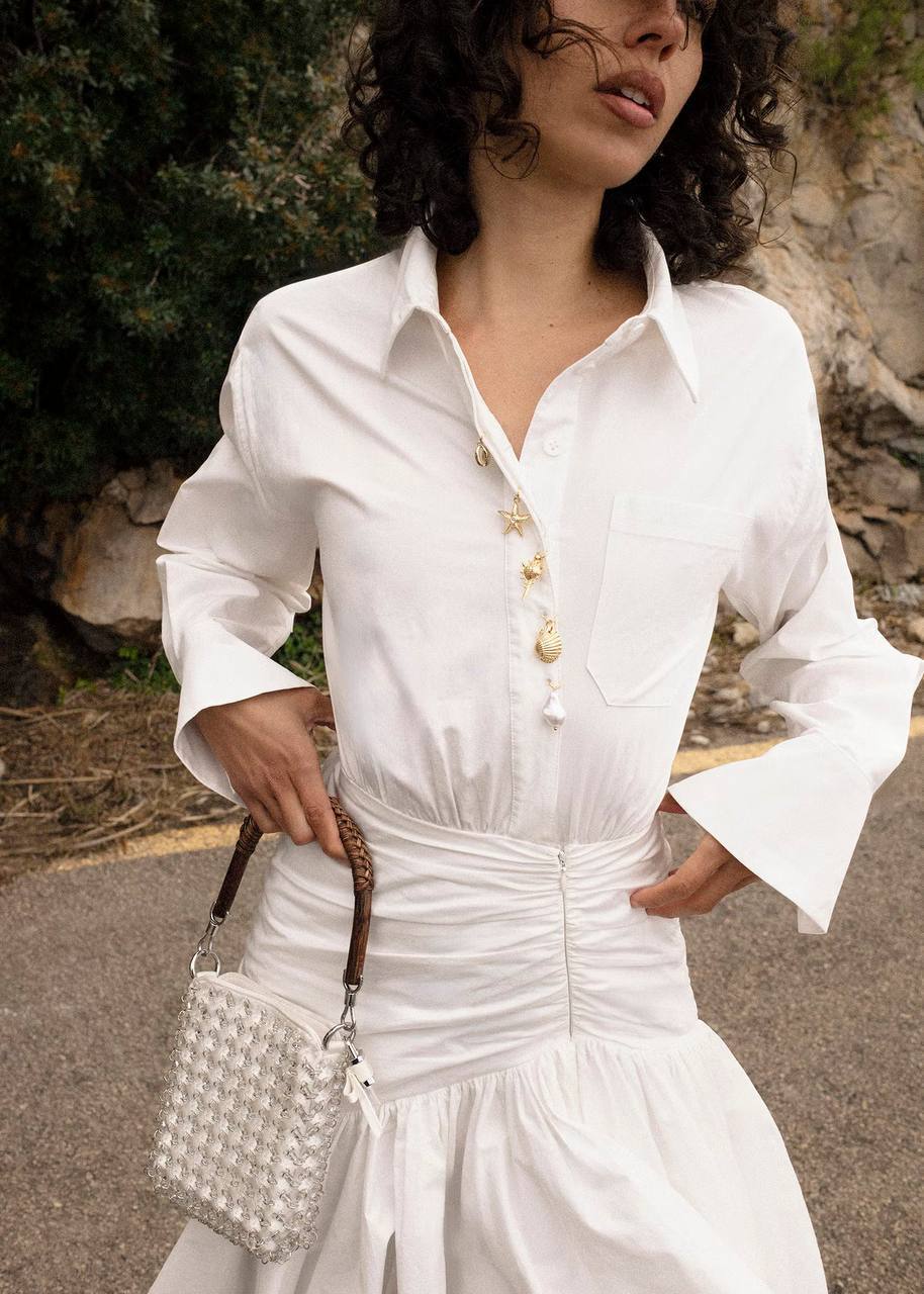 SP White Cotton Gathered Mini Dress
