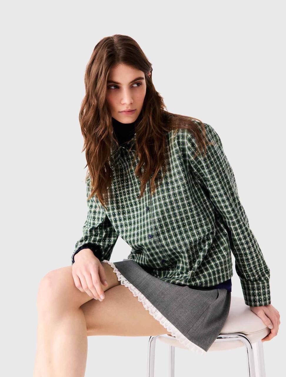 MJ Rhinestone Tie-Neck Cotton Shirt