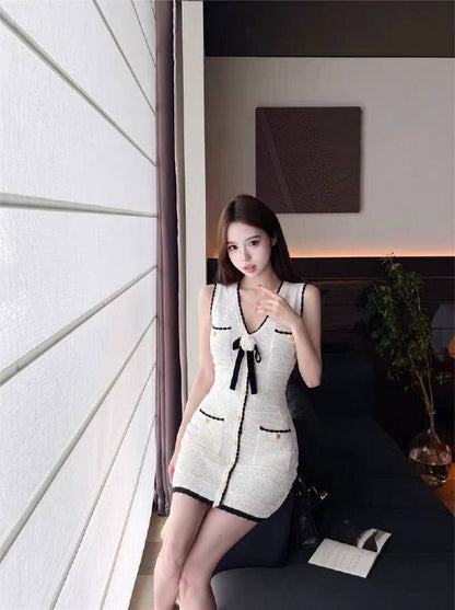 SP White Pointelle Knit Bow Midi | Mini Dress