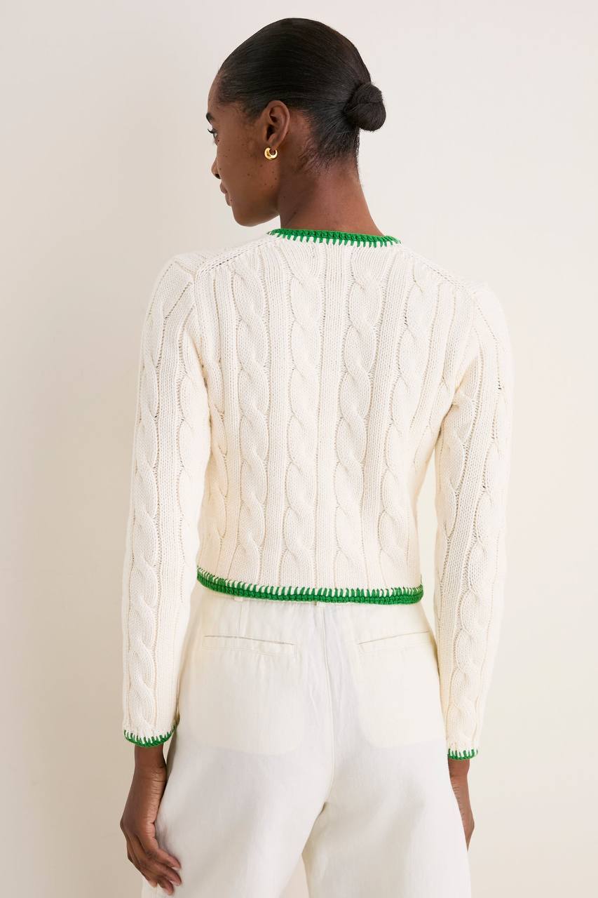 3 Colors! RL Whipstitch Trim Cable Stitch Cotton Cropped Cardigan