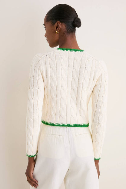 3 Colors! RL Whipstitch Trim Cable Stitch Cotton Cropped Cardigan