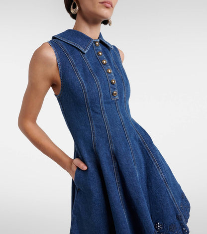 SP Blue Denim Broderie Flared Mini Dress