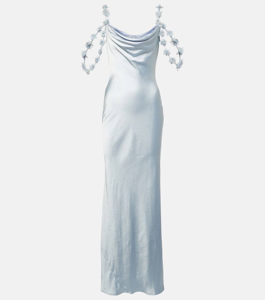 SP Satin Floral Appliqué Cowl Neck Maxi Dress