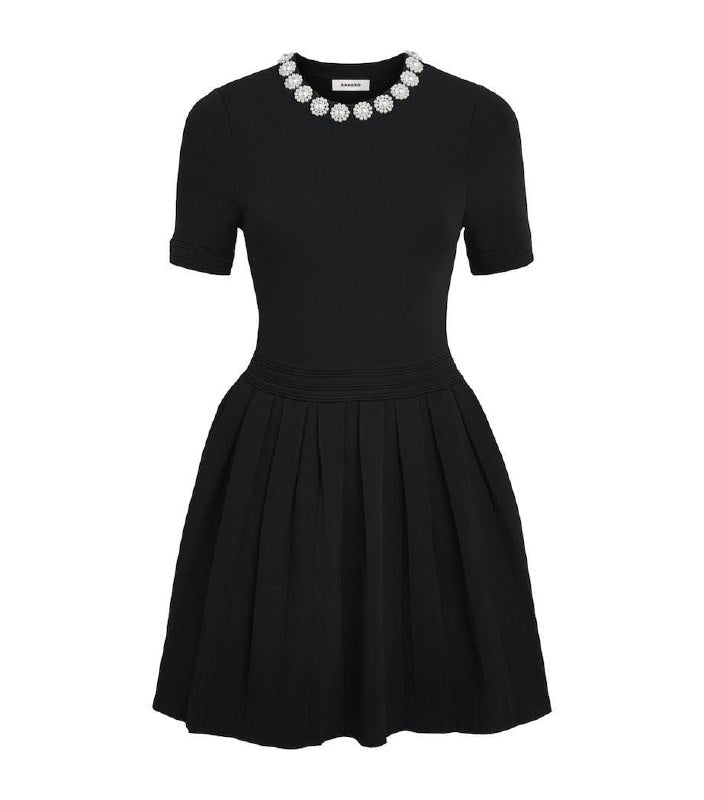 Black Short Sleeve Beaded Flowers Flared Viscose-blend Mini Dress