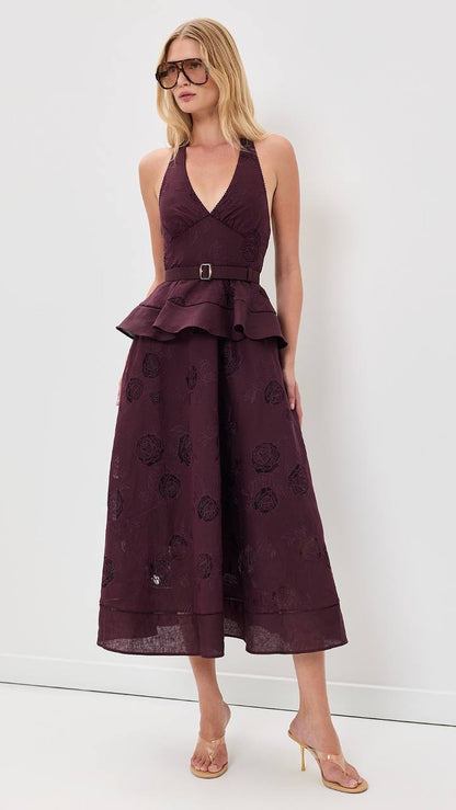 SP Plum Linen-cotton Halter Peplum Midi Dress