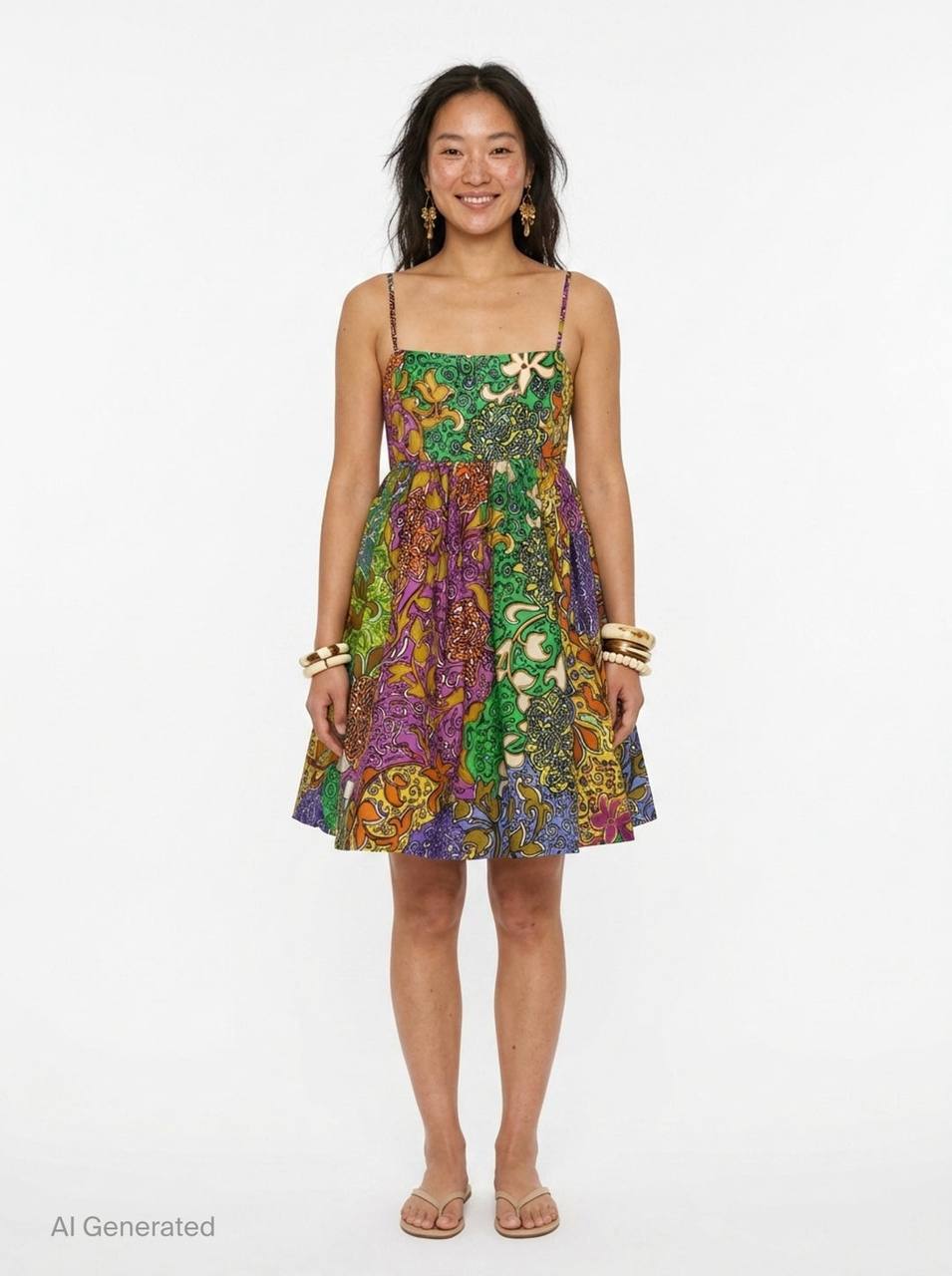 ALM020 Floral Patchwork Party Cotton-silk Babydoll Mini Dress