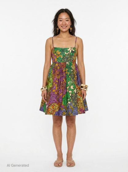 ALM020 Floral Patchwork Party Cotton-silk Babydoll Mini Dress