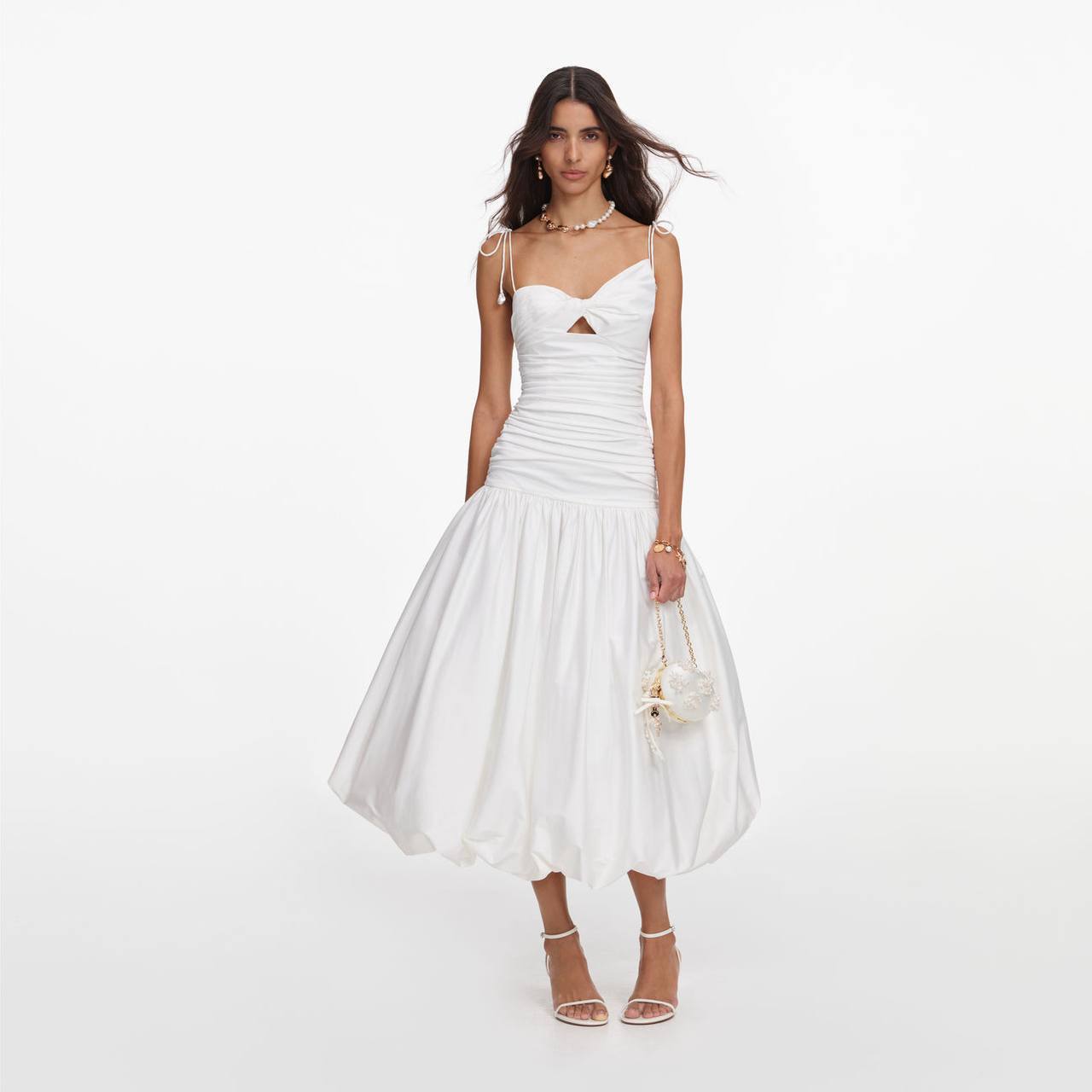 SP White Cotton Gathered Asymmetrical Midi Dress