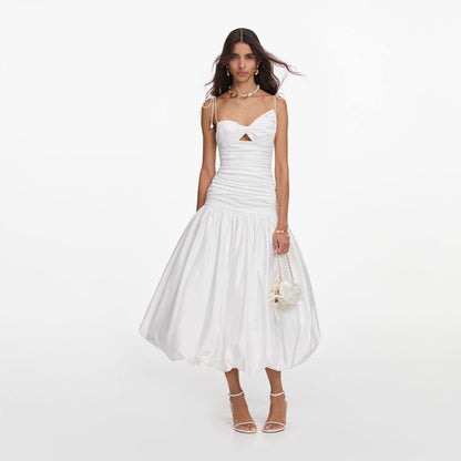 SP White Cotton Gathered Asymmetrical Midi Dress