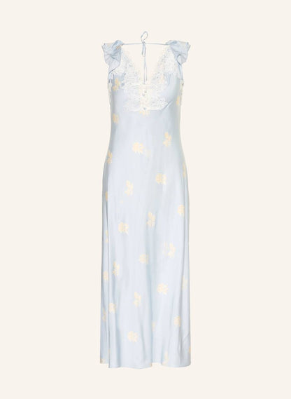 CP Viscose Satin Blue Floral Print Lace-front Maxi Dress