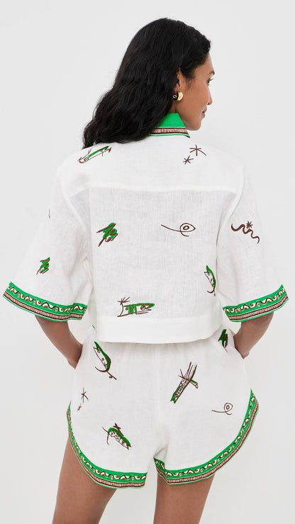 ALM001 Green/White Abstract Embroidered Fish Contrast Linen Crop Shirt | Shorts | Set