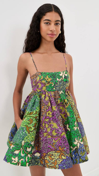 ALM020 Floral Patchwork Party Cotton-silk Babydoll Mini Dress