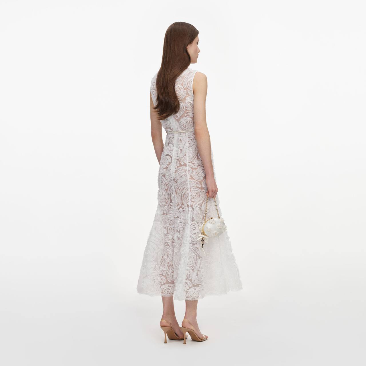 SP White Tulle Lace Belted Midi Dress