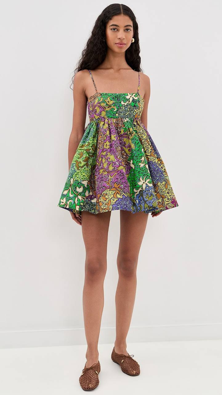 ALM020 Floral Patchwork Party Cotton-silk Babydoll Mini Dress