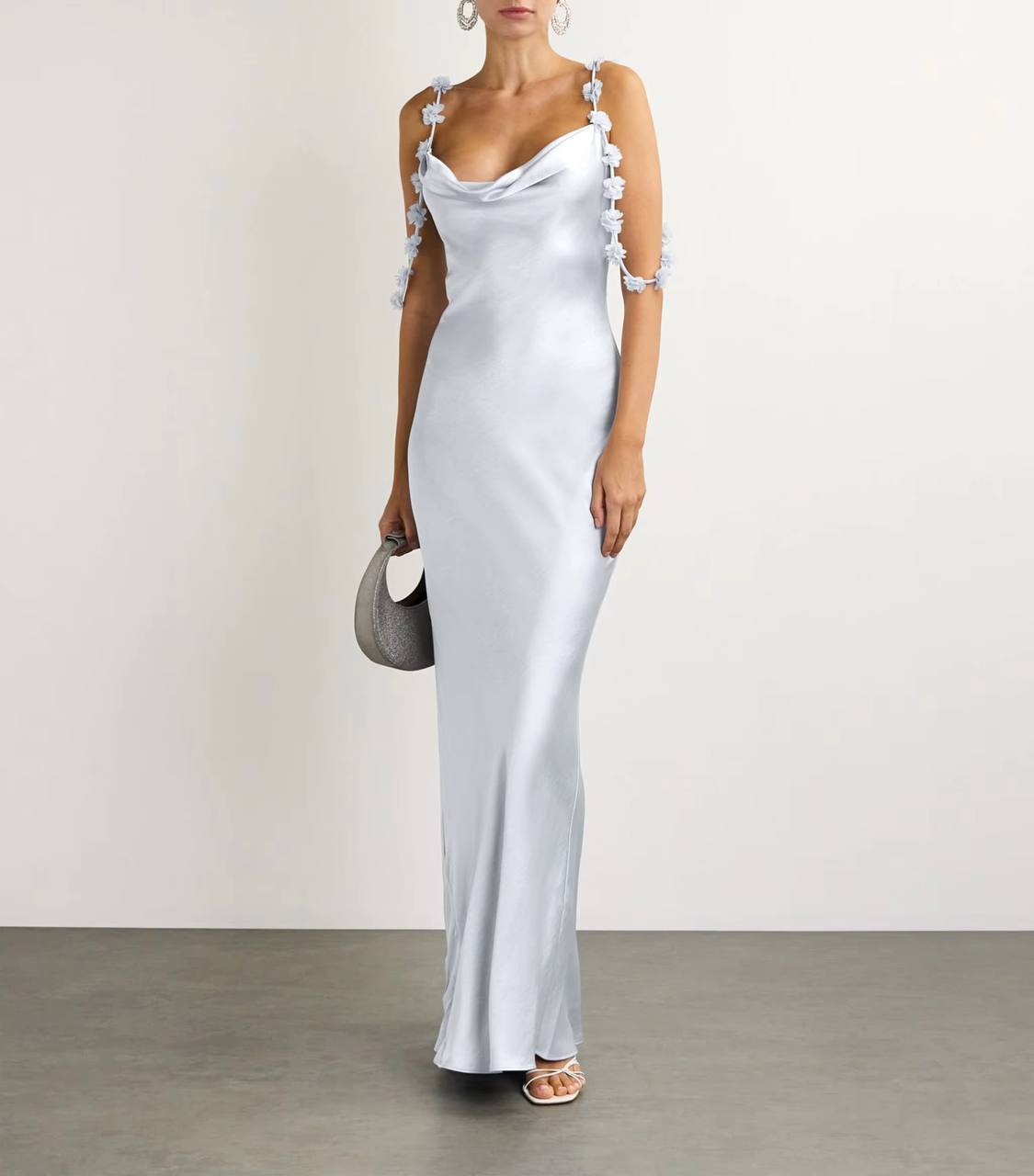 SP Satin Floral Appliqué Cowl Neck Maxi Dress