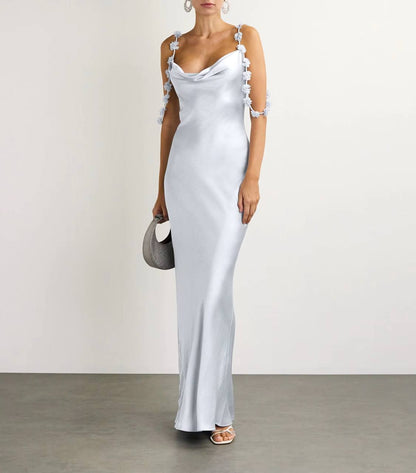 SP Satin Floral Appliqué Cowl Neck Maxi Dress