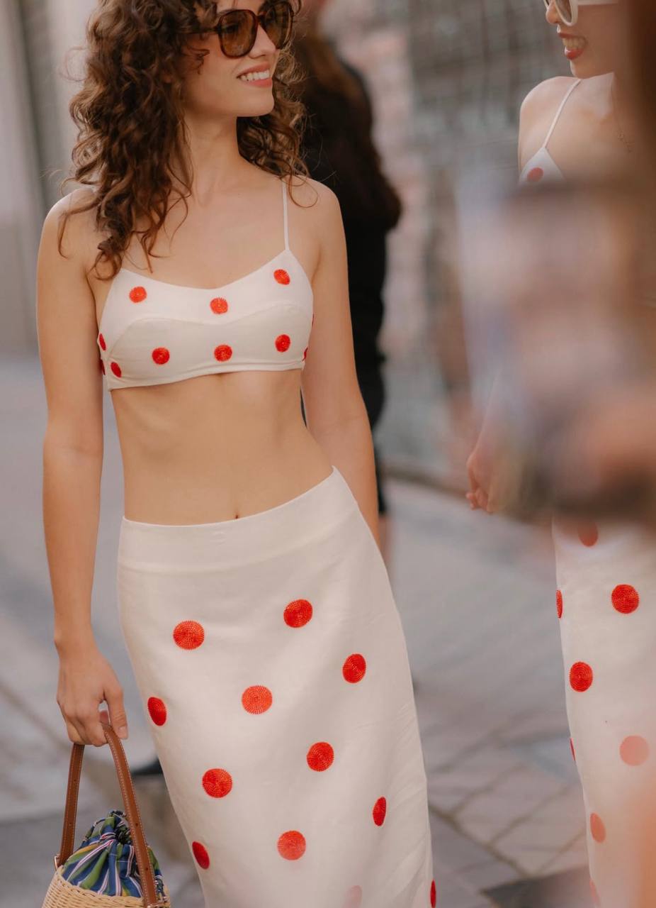 MJ Embroidered Linen-Silk Crop Top | Pencil Skirt