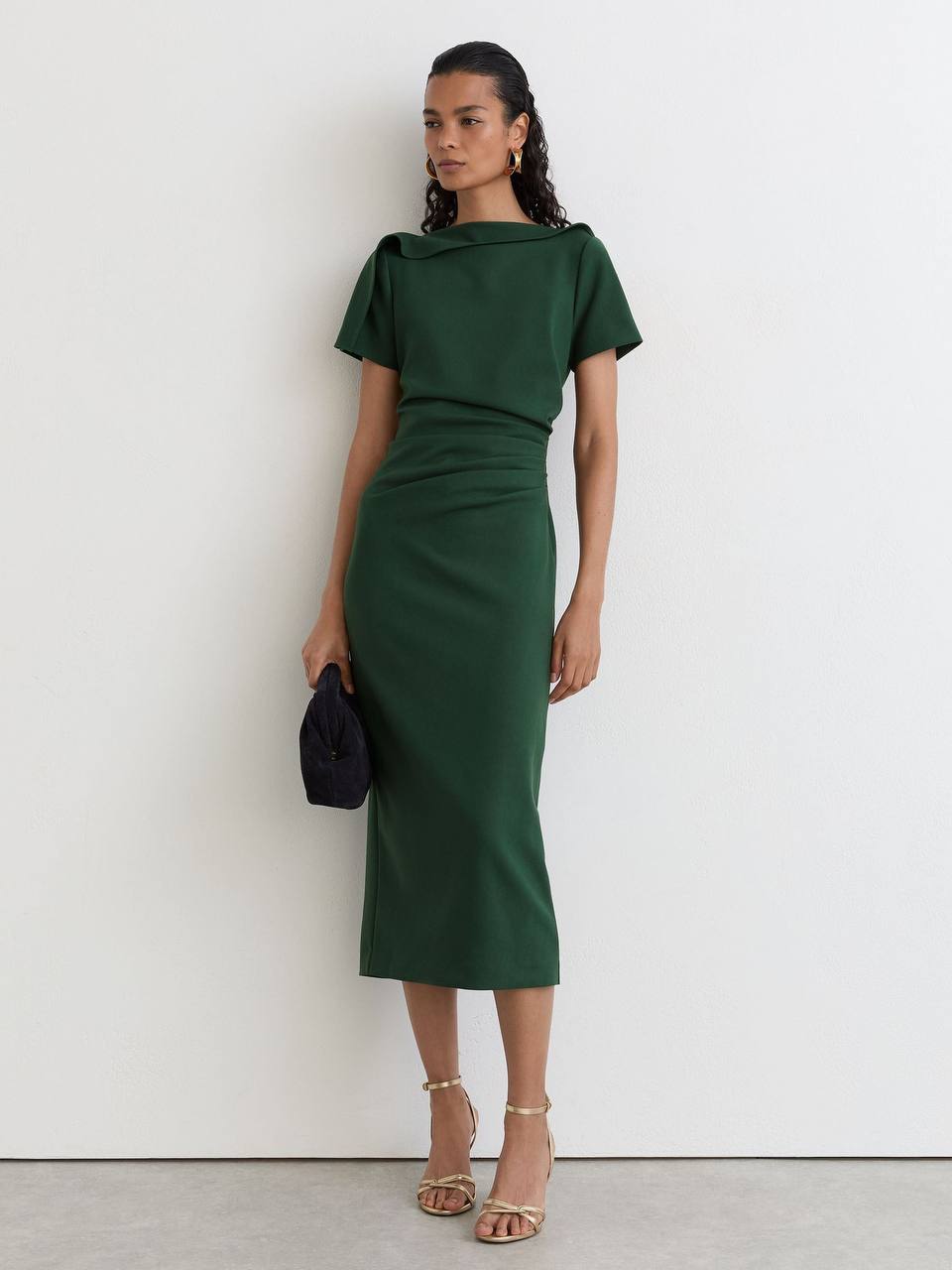 RS Hilary Ruched-Detail Boat-Neck Midi Dress