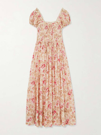 DN Floral Smocked Organic-cotton Midi Dress