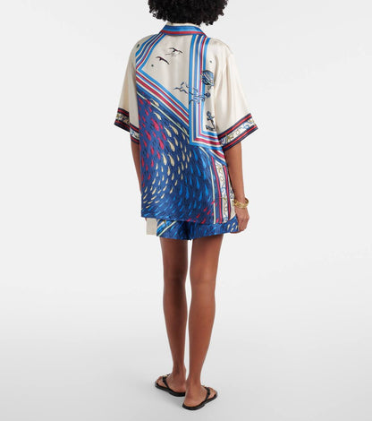 ALM023 Nautical Stripe Silk Satin Top | Sea Shorts | Set