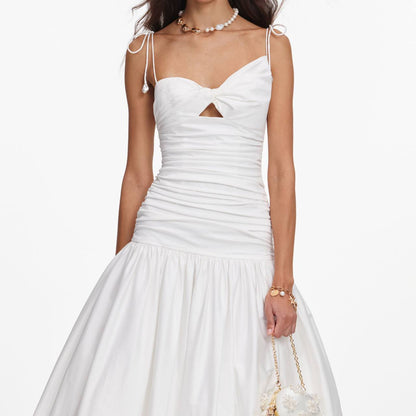 SP White Cotton Gathered Asymmetrical Midi Dress