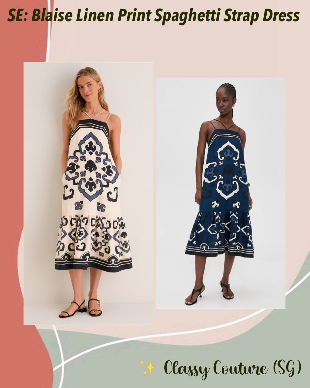 SE Blaise Linen Print Spaghetti Strap Dress