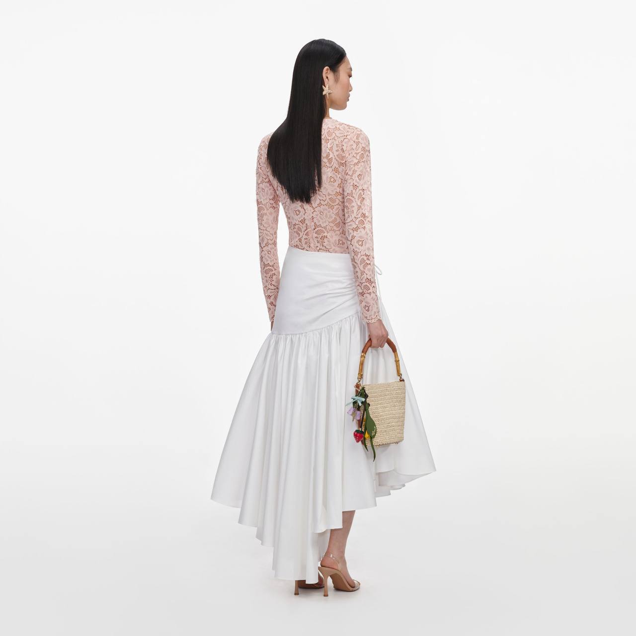 SP Beige-pink Floral Lace BodySuit One-piece | White Cotton Asymmetrical Midi Skirt | Set