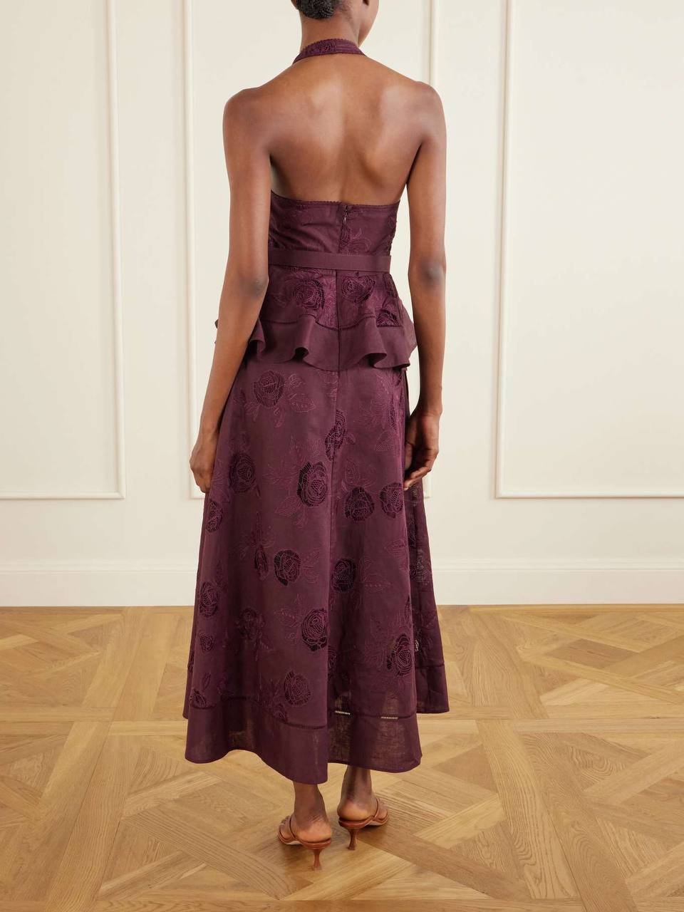 SP Plum Linen-cotton Halter Peplum Midi Dress