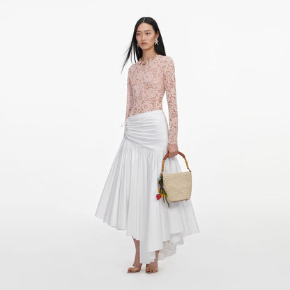 SP Beige-pink Floral Lace BodySuit One-piece | White Cotton Asymmetrical Midi Skirt | Set