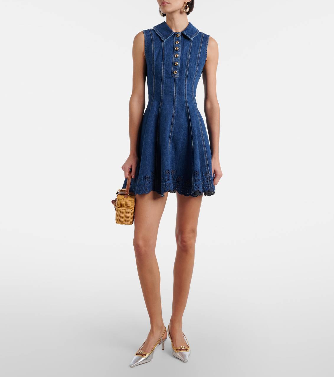 SP Blue Denim Broderie Flared Mini Dress