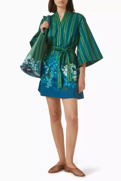 ALM004 Green/Blue Stripe Floral Bloom Organic-Cotton Mini Dress Shirtdress