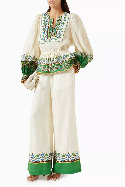ALM Bridgette Border-print Top | Wide-leg Pants