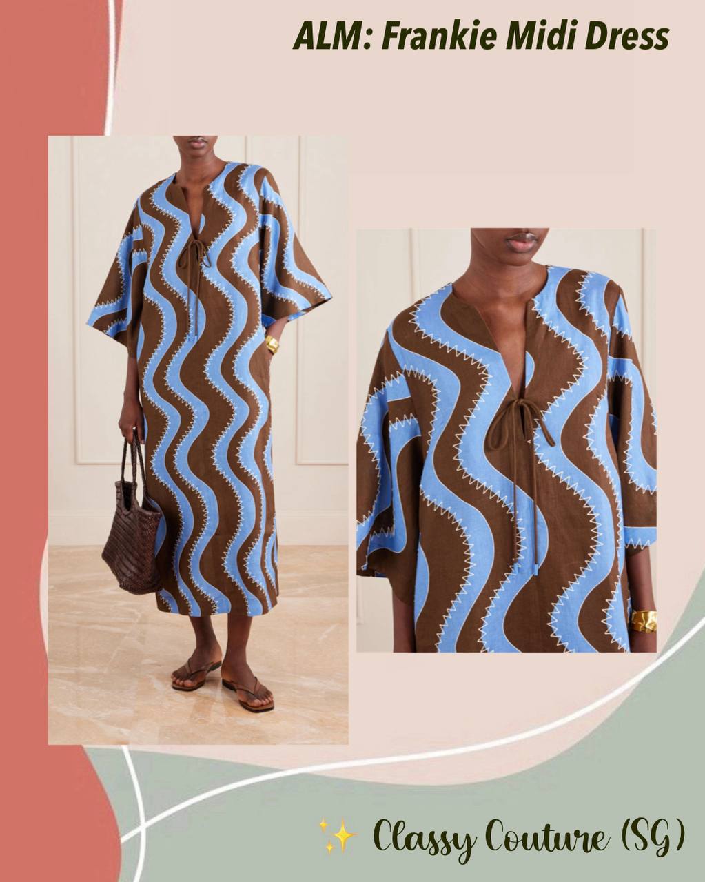 ALM019 Bold Brown/Blue Wave Stitch Tunic Shift Linen Midi Dress