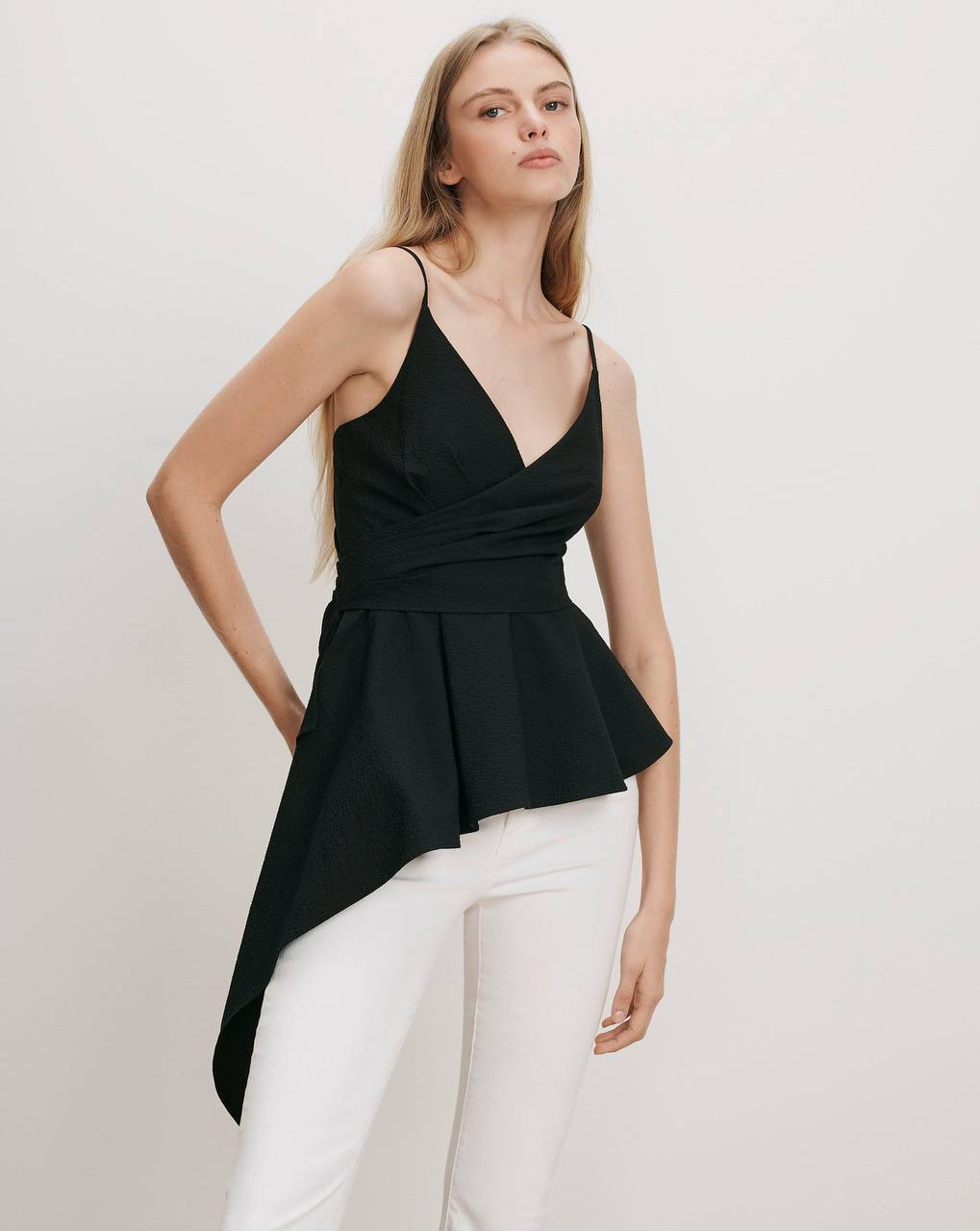 VB Solange Wrap Cotton Peplum Asymmetric Top