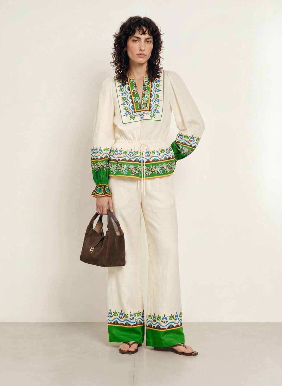 ALM Bridgette Border-print Top | Wide-leg Pants