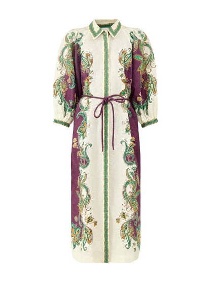 ALM002 Plum/Green Paisley Linen Shirtdress Mini Dress | Midi Dress