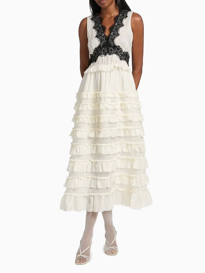 SE Anise Ramie Lace-Trim Frill Midi-Dress | Cape | Set