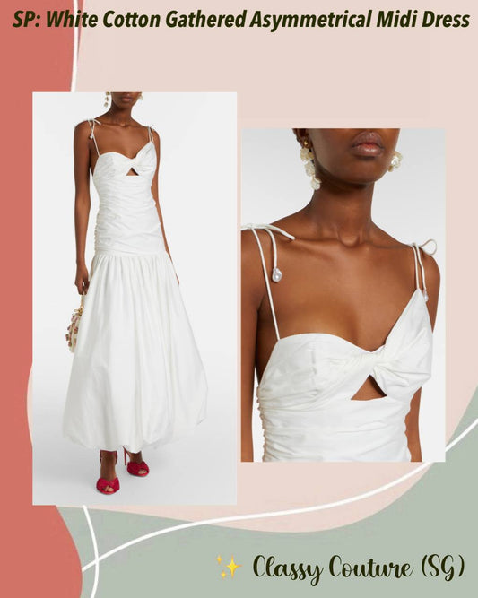 SP White Cotton Gathered Asymmetrical Midi Dress