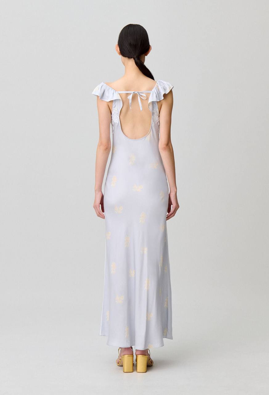 CP Viscose Satin Blue Floral Print Lace-front Maxi Dress