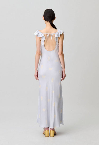 CP Viscose Satin Blue Floral Print Lace-front Maxi Dress