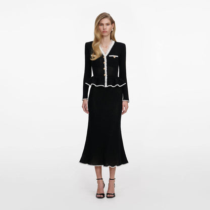 SP Black Lace Insert Peplum Knit Midi Dress