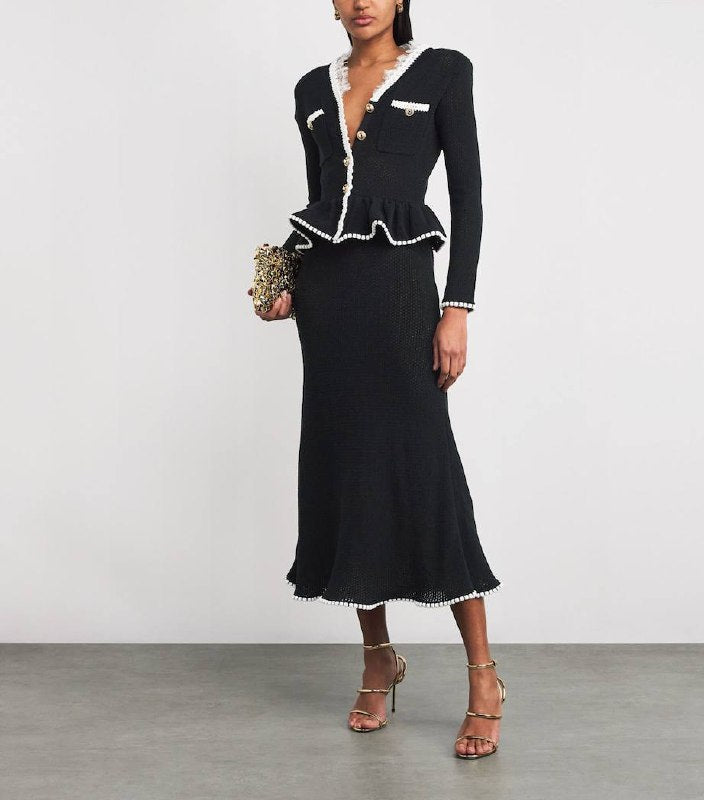 SP Black Lace Insert Peplum Knit Midi Dress