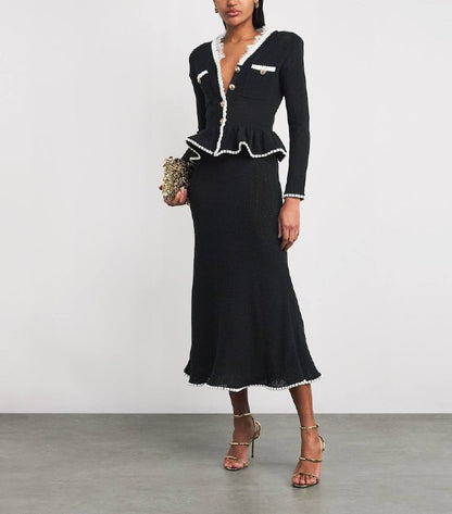 SP Black Lace Insert Peplum Knit Midi Dress