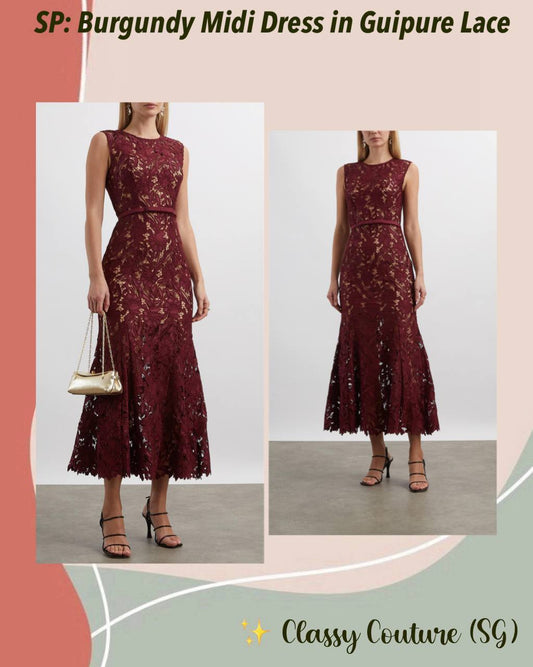 SP Burgundy Guipure Lace Mermaid Midi Dress