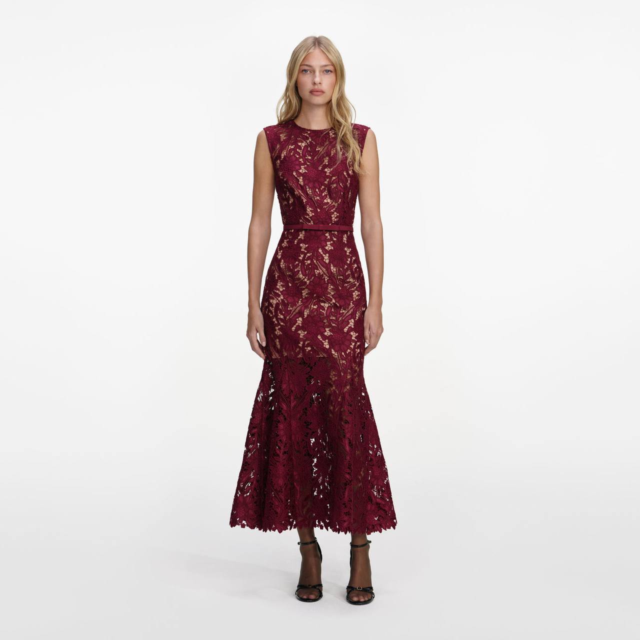 SP Burgundy Guipure Lace Mermaid Midi Dress