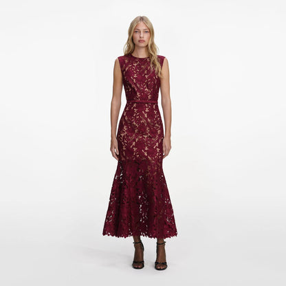 SP Burgundy Guipure Lace Mermaid Midi Dress